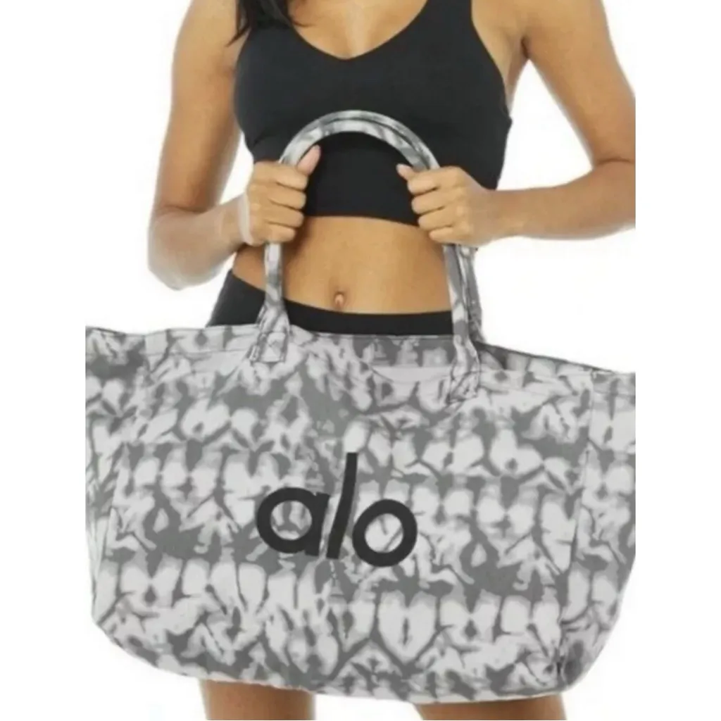 The Alo Yoga Iconic Shopper Canvas Tote Bag Grey Tie Dye Neutral Gym Logo NWT - Image 4