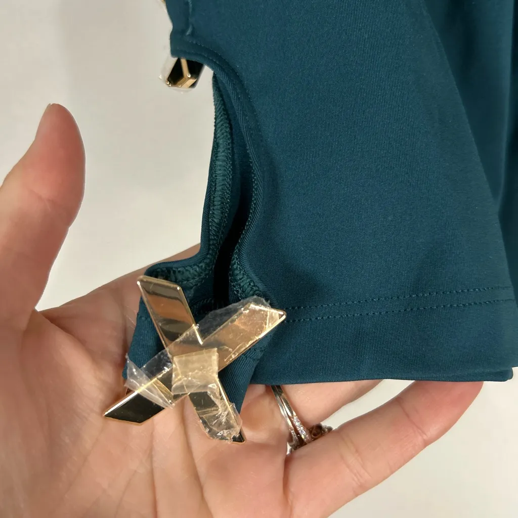 Savage X Fenty Rihanna Sport Shorts Small Teal Cutout Gold X Hardware NWT Blue - Image 9