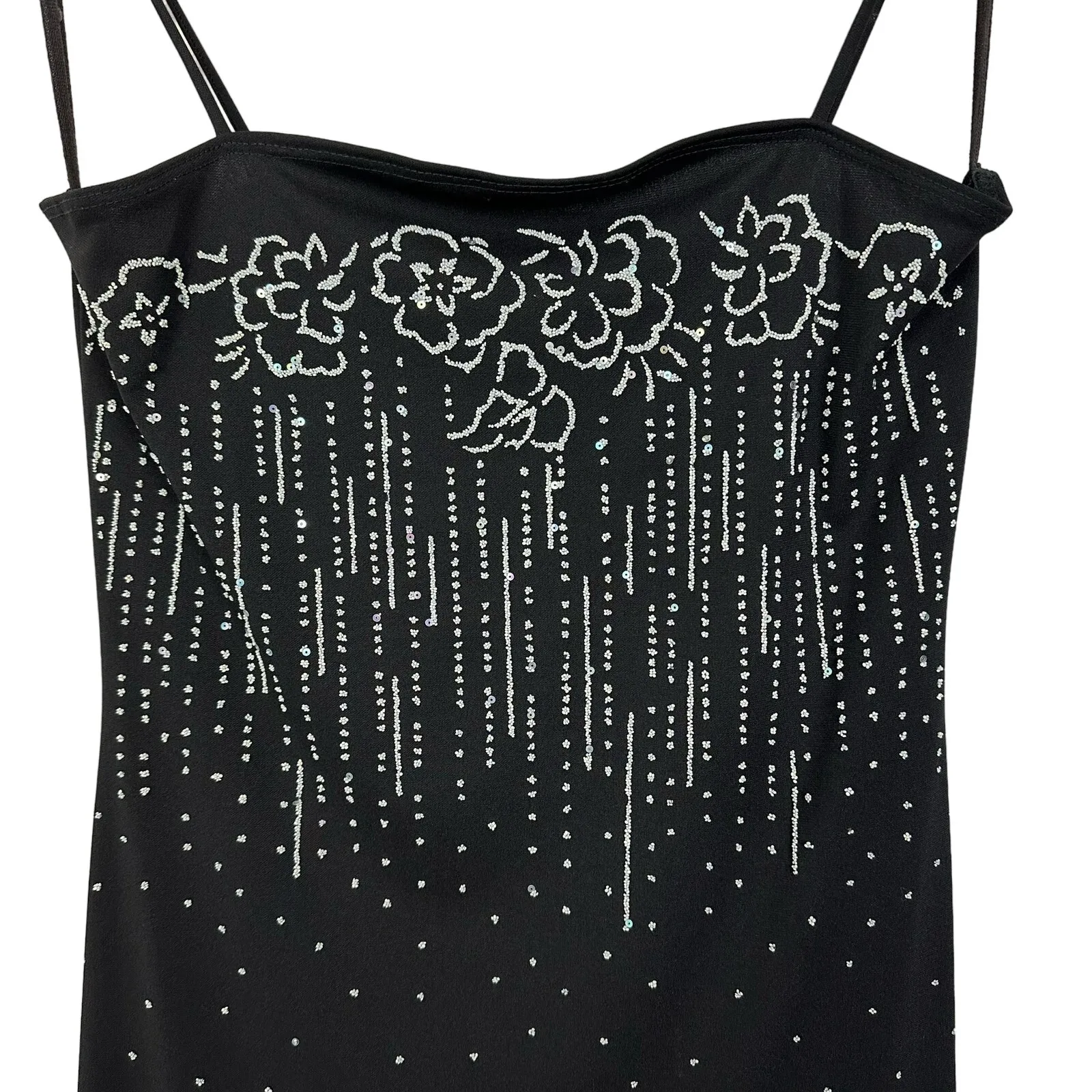 90s Vintage Taboo Sequin Embellished Black Ruffle High Low Midi Slip Dress Large - Image 6