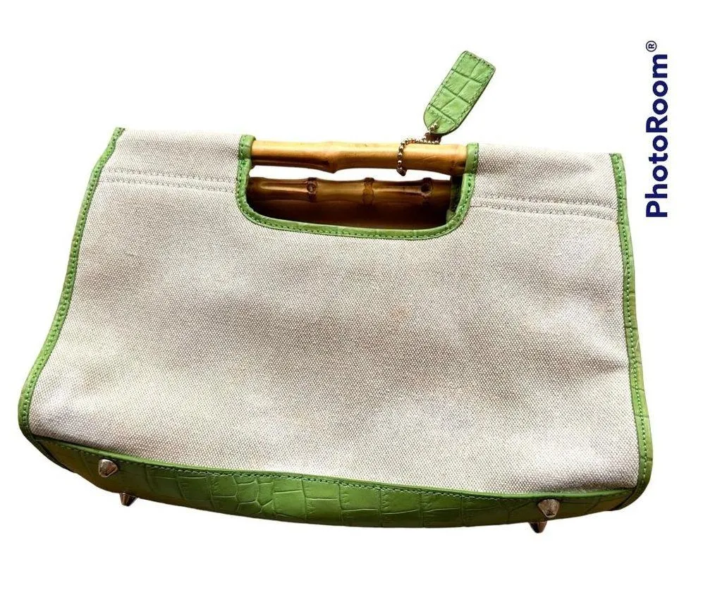 Vintage Etienne Aigner Canvas Leather Handbag Bamboo Handles Snap Closur… - Image 3