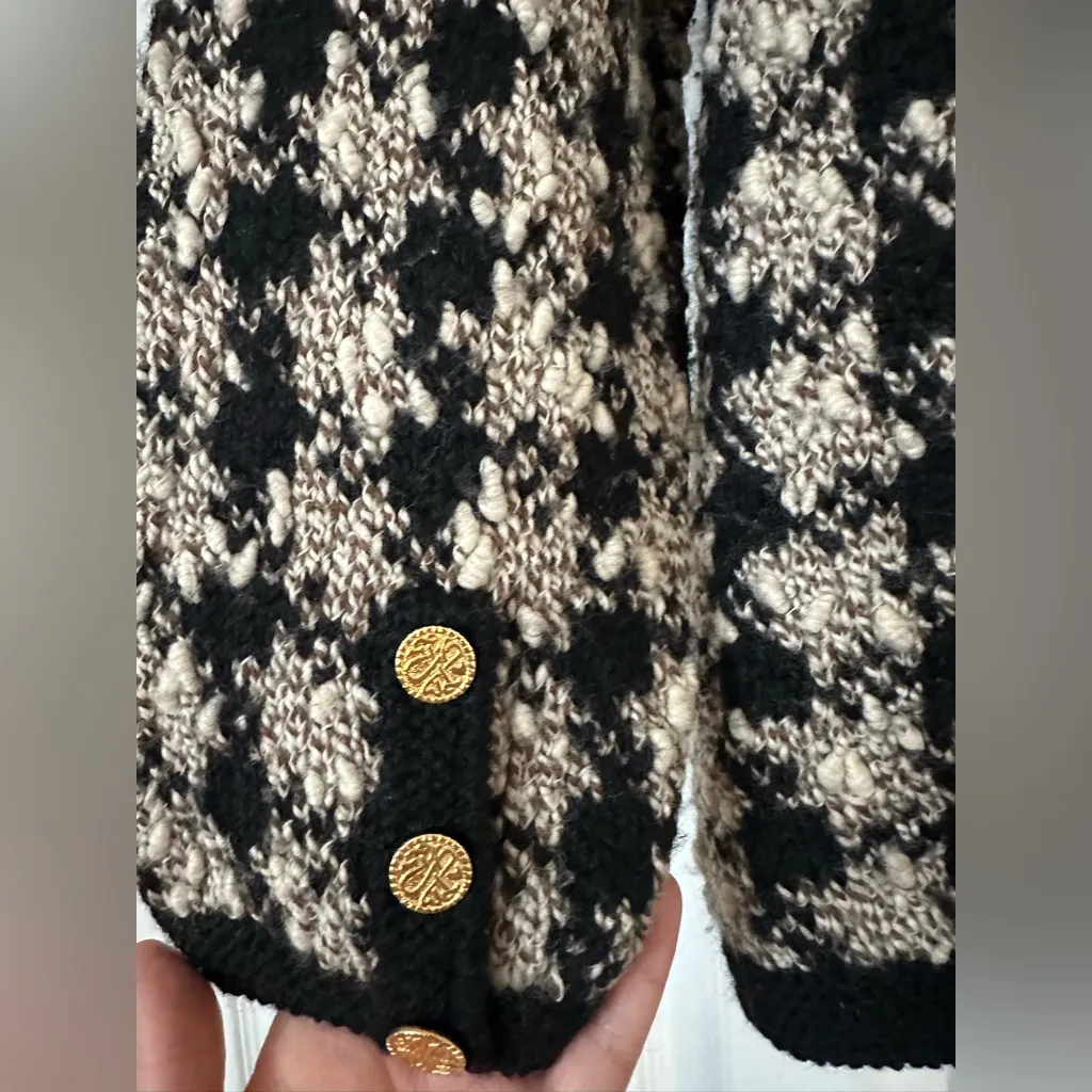 Emma Camuso Black Cream Wool Bouclé houndstooth Cardigan Jacket Size XL - Image 5