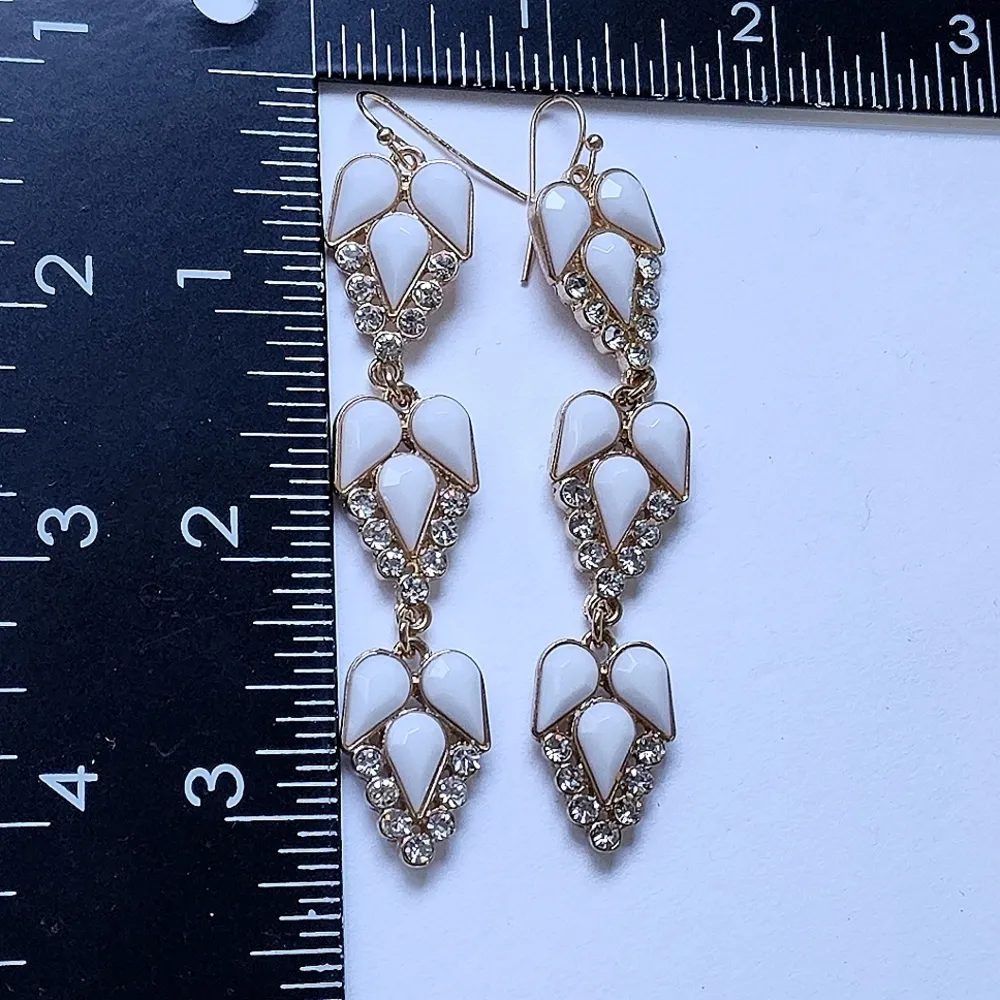 Long Statement White with Crystal Drop Earrings Gold - Image 5