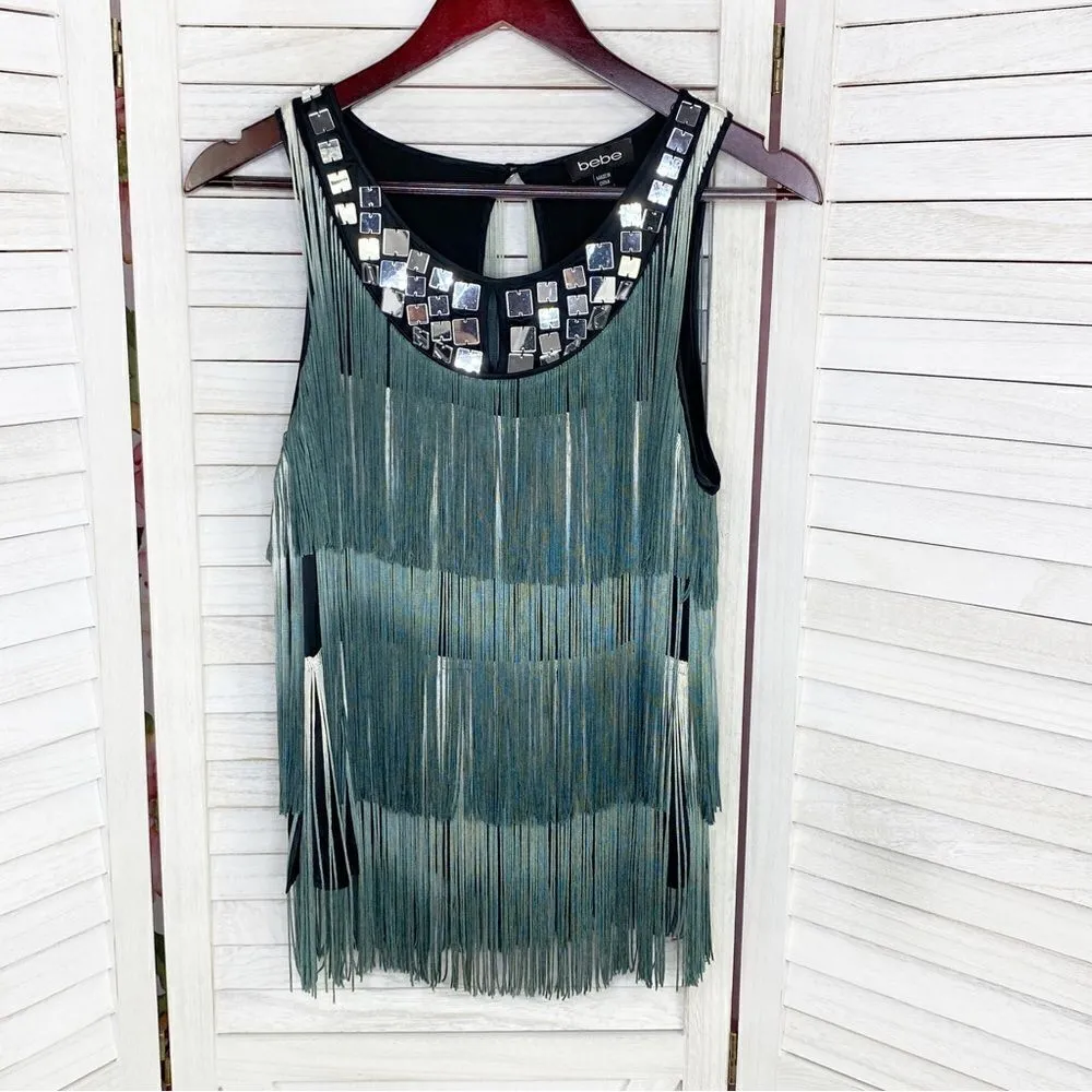 Bebe Mirrored Neck Fringe Sleeveless Top Blue White Ombre Small - Image 6