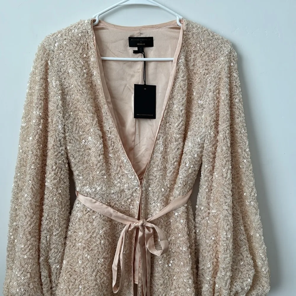Michael Costello Sequin Cream Longsleeve Tie Blazer Size: XS - Image 3
