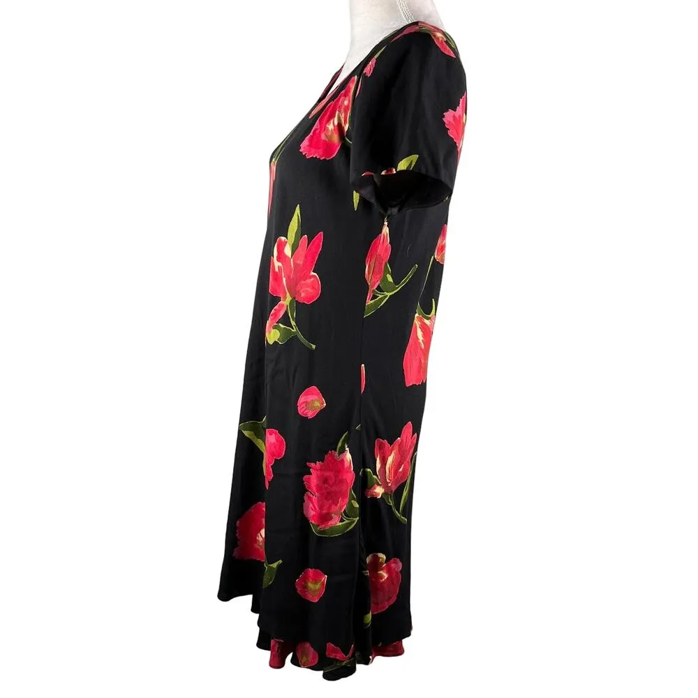 Vintage Hampton Dress Co Dress 8 Midi Black Red Tulips - Image 10