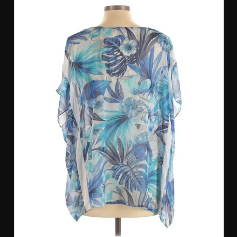 Neiman Marcus Blonde M Sheer Caftan Blue Floral Print Tie-Front Beach Vacation - Image 7