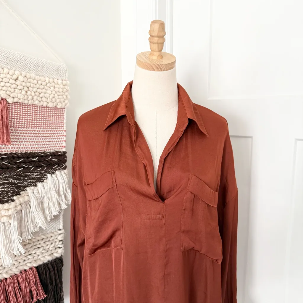 Free People Starry Dreams Satin Shirt Brown Sz M NWT - Image 3