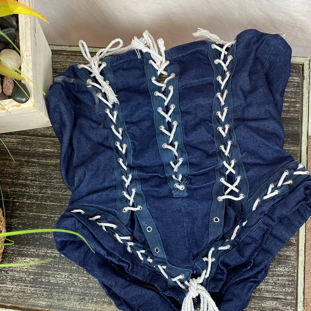 Love Highlight Blue Denim Tie Lace Up Sleeveless Strapless Corset Crop Top XL - Image 4