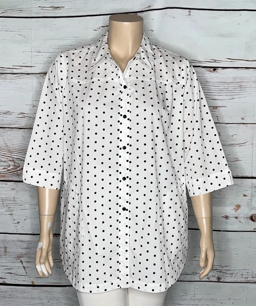 Joan Rivers Size 2X White - Black Polka Dot Button Down Tunic Shirt w/ Pockets - Image 1