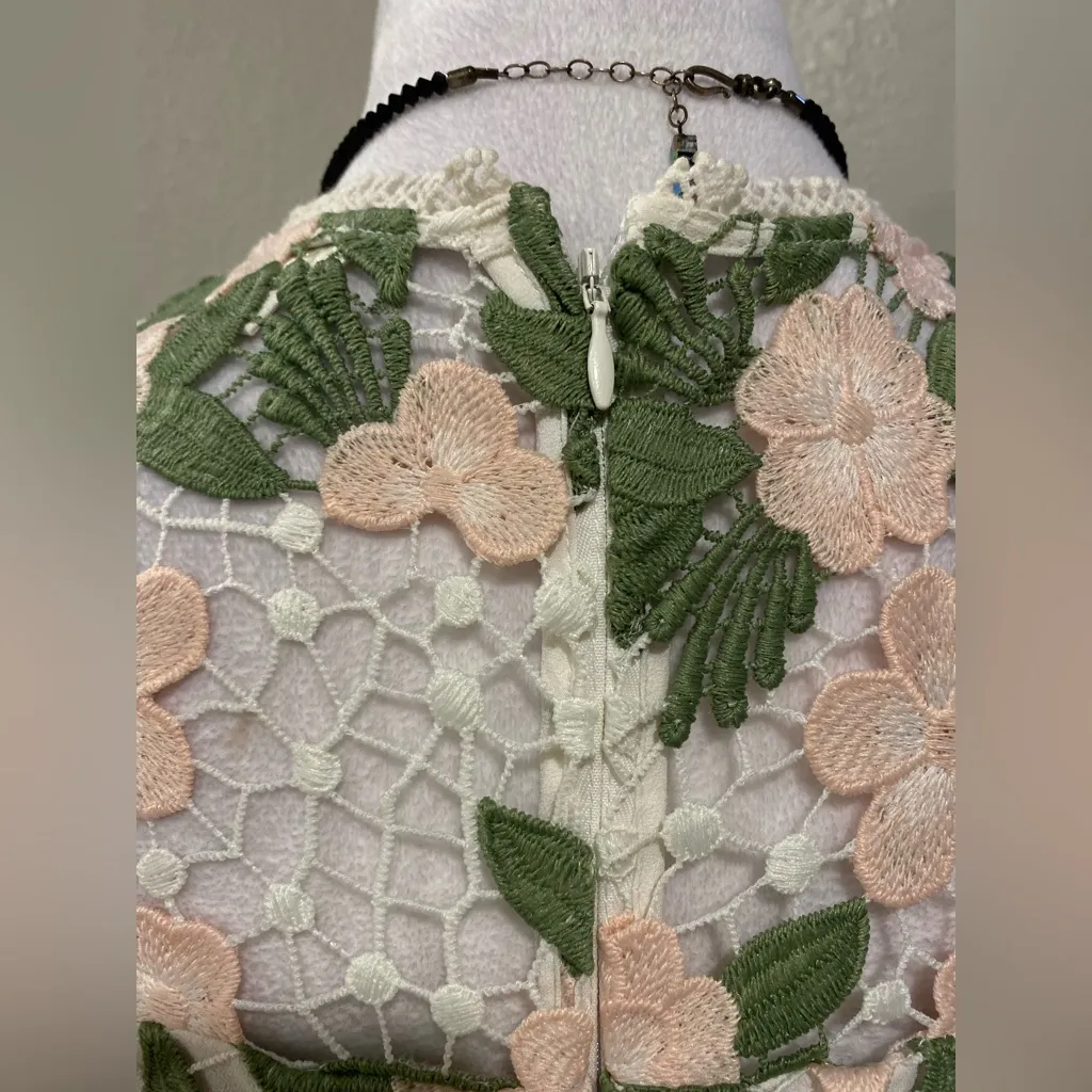 Shoshanna Green and Cream Floral Lace Midi Dress Women's Roseia Cocktail Size 4 - Image 7