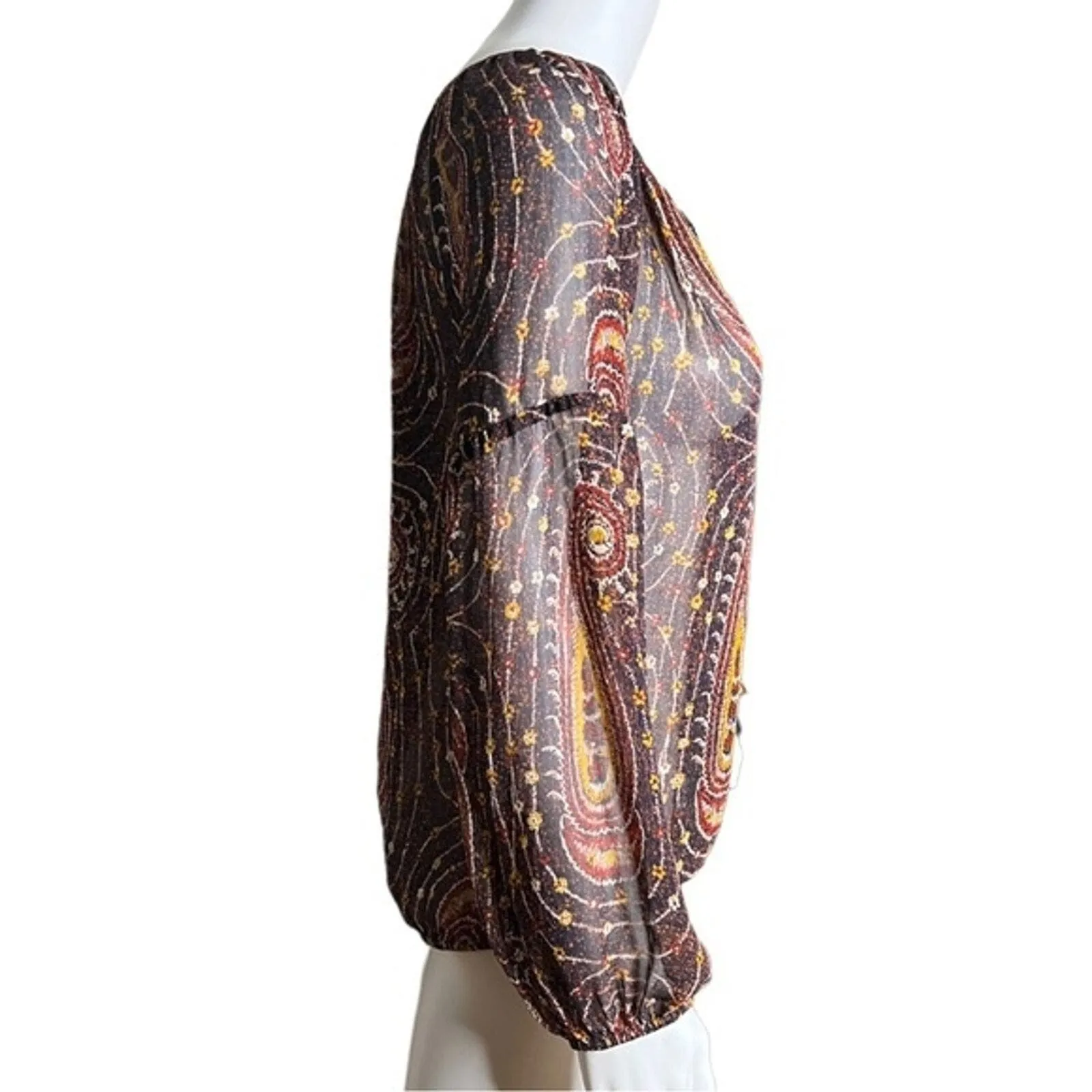 Lucky Brand‎ Shirt Womens Small Brown Red Paisley Sheer Tassels Bohemian Peasant - Image 2