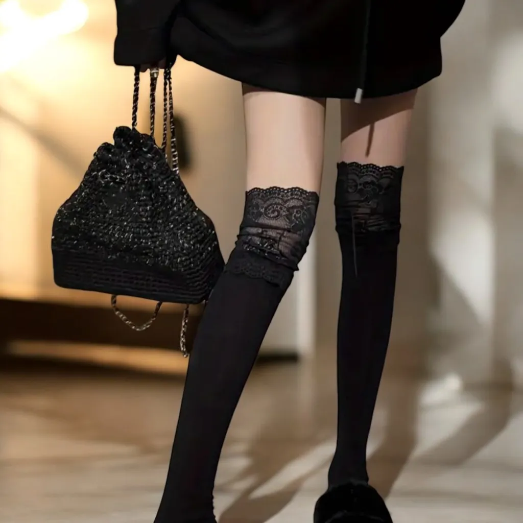 Cozy‎ Black Lace Knee High Socks Soft Warm Over the Knee One Size - Image 6