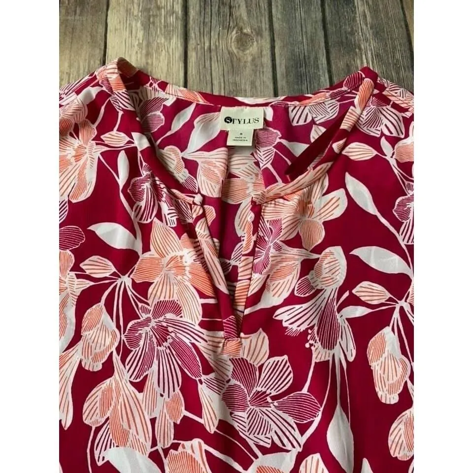 New Stylus Tank Top S 4 6 Tropical Floral Pink Print White Spring Chiffon V Neck - Image 2