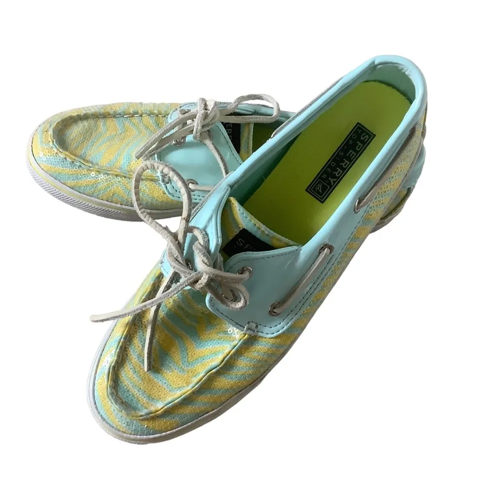 Sperry top sider aqua blue yellow sequin zebra boat shoes lace up size 8.5 - Image 3