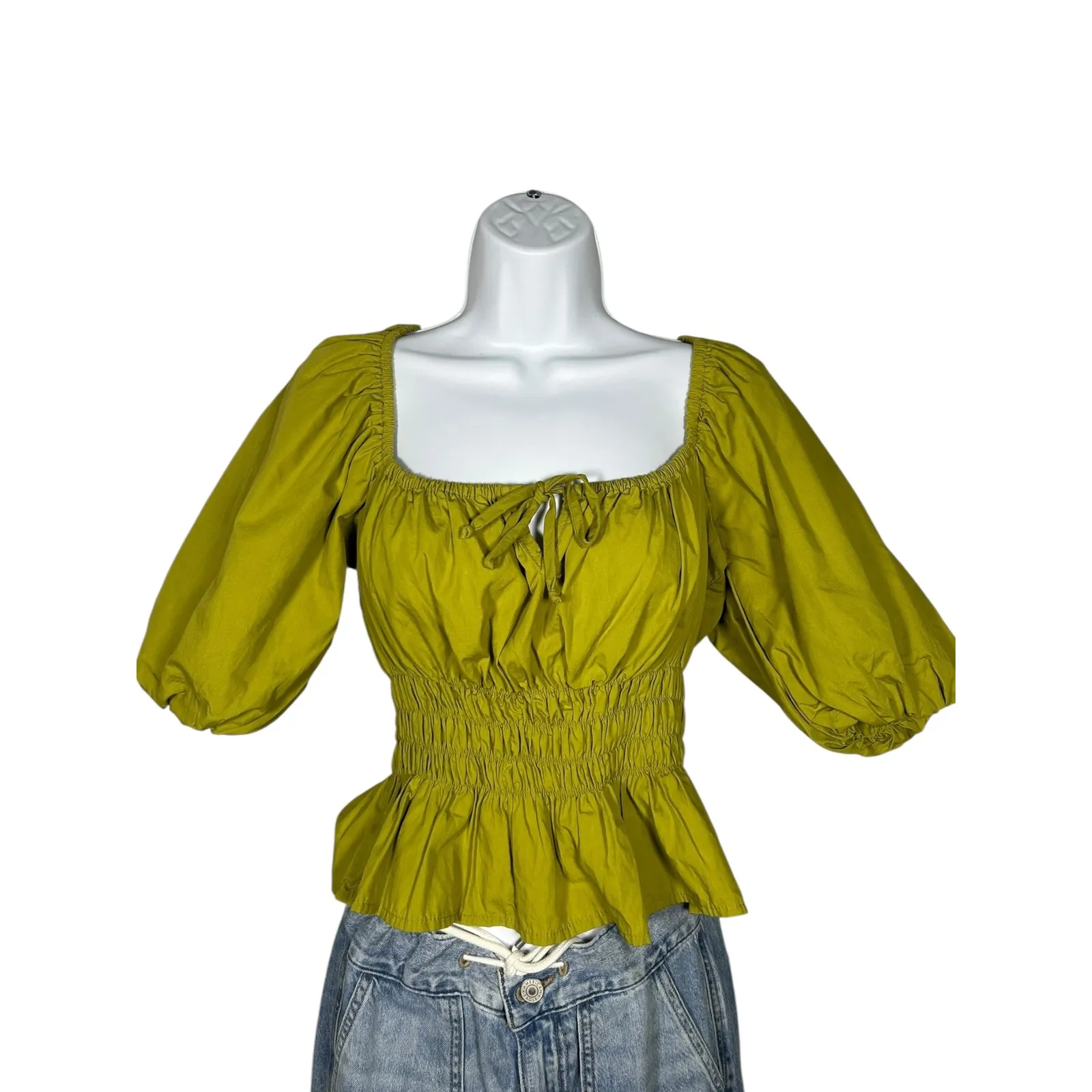 Faithfull The Brand Anthropologie Olive Green Milkmaid Peplum Smocked Top Medium - Image 2