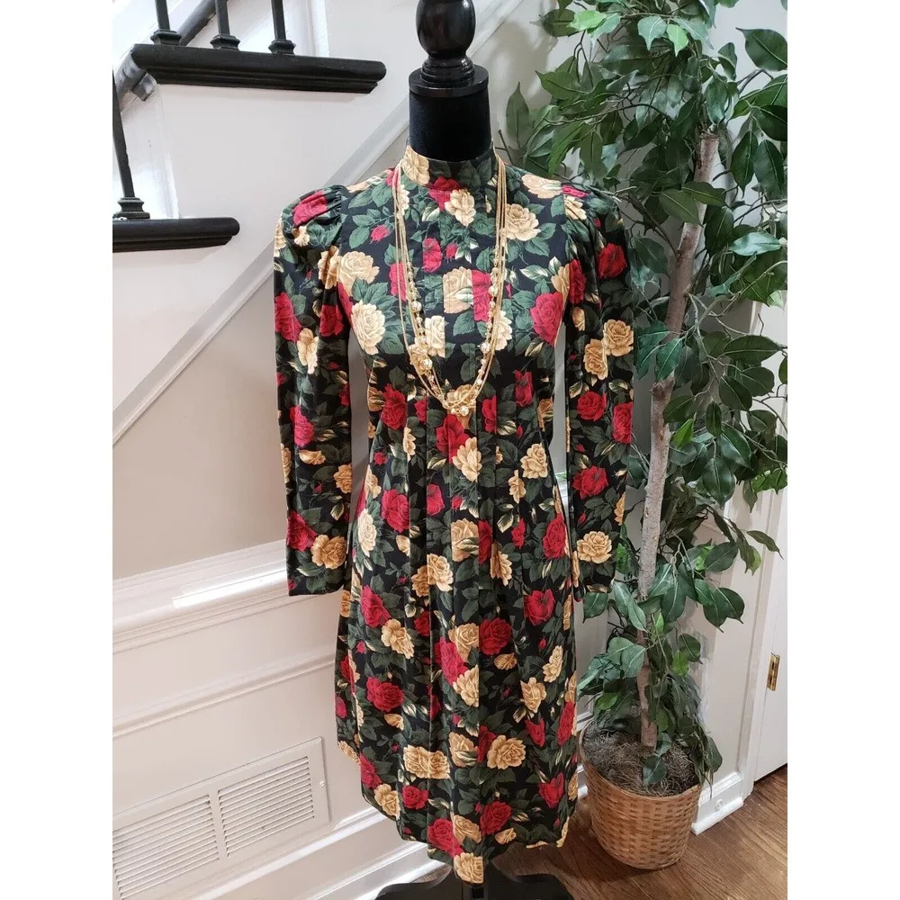 Womens Multicolor Floral Pleated Mock Neck Long Sleeve Knee Length Dress Small - Image 12