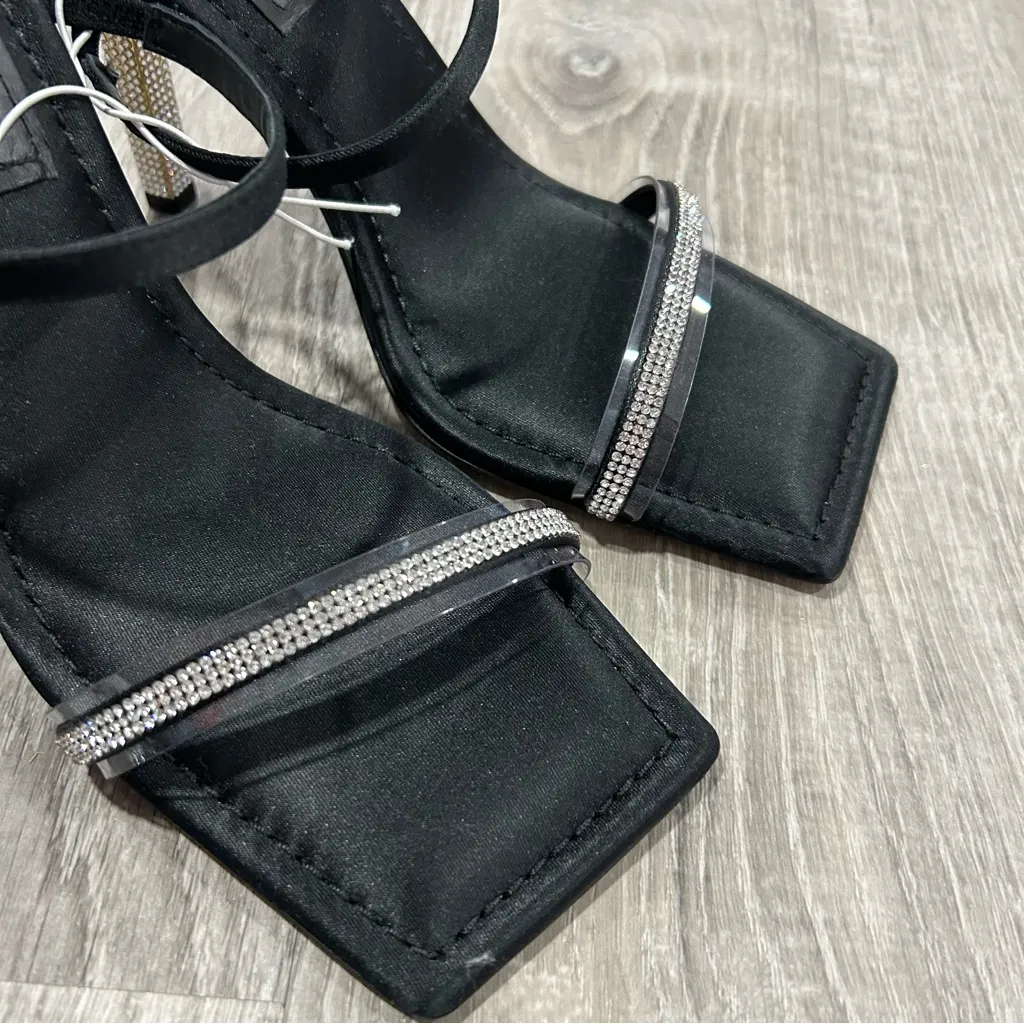 Good American Rhinestone Bling Strap Square Toe Heels - Image 6