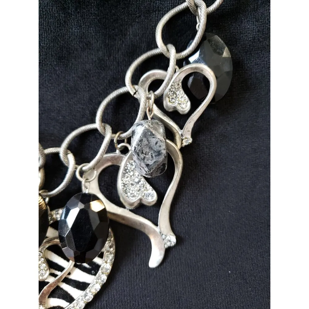 Womens Silver Tone Chunky Black Beads Rhinestone Drippy Hollow Hearts Necklace - Image 4