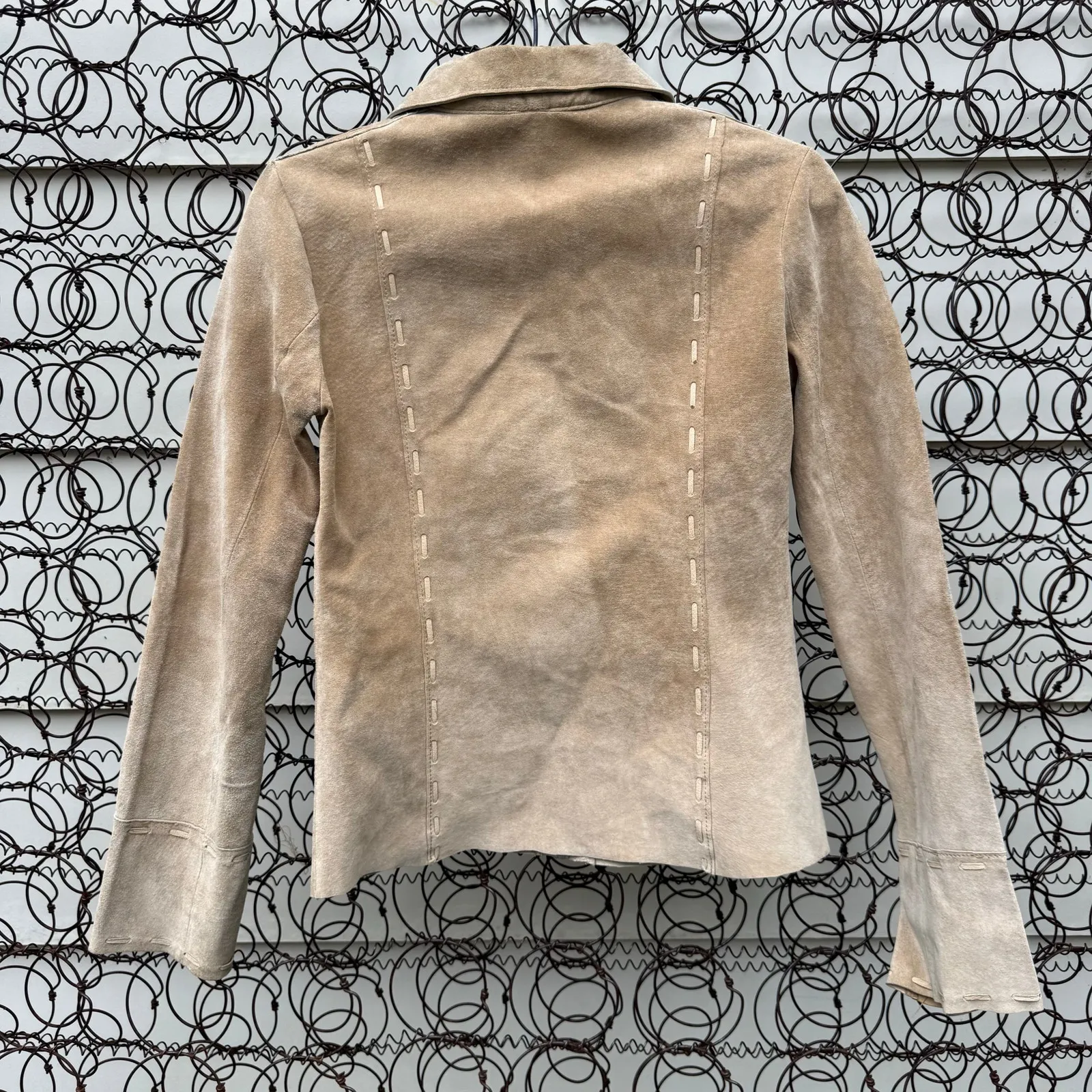 Y2K Wet Seal Suede Real Leather Patchwork Pearl Amber Snap Long Sleeve Shirt XS - Image 4
