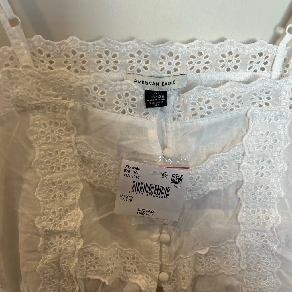American Eagle  Lace Button-Up Cami Tank Top, White, XXS - Image 3