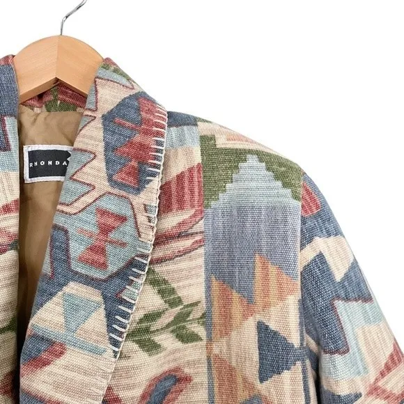 Rhonda Stark Jacket Blazer Southwest Tapestry Cropped Boho Tan Blue Size Medium Brown - Image 12