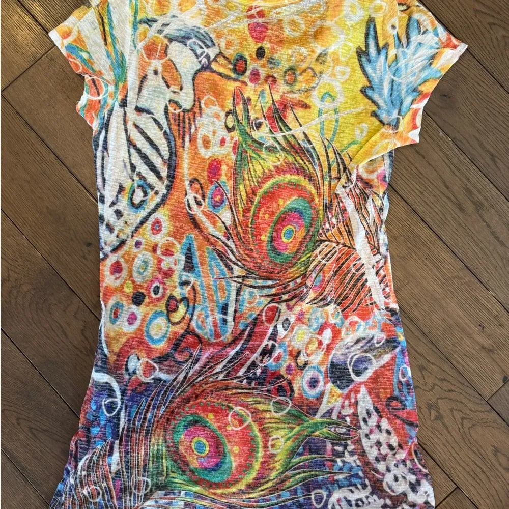 Women’s Colorful Peacock Feather Print Top Size M - Image 3
