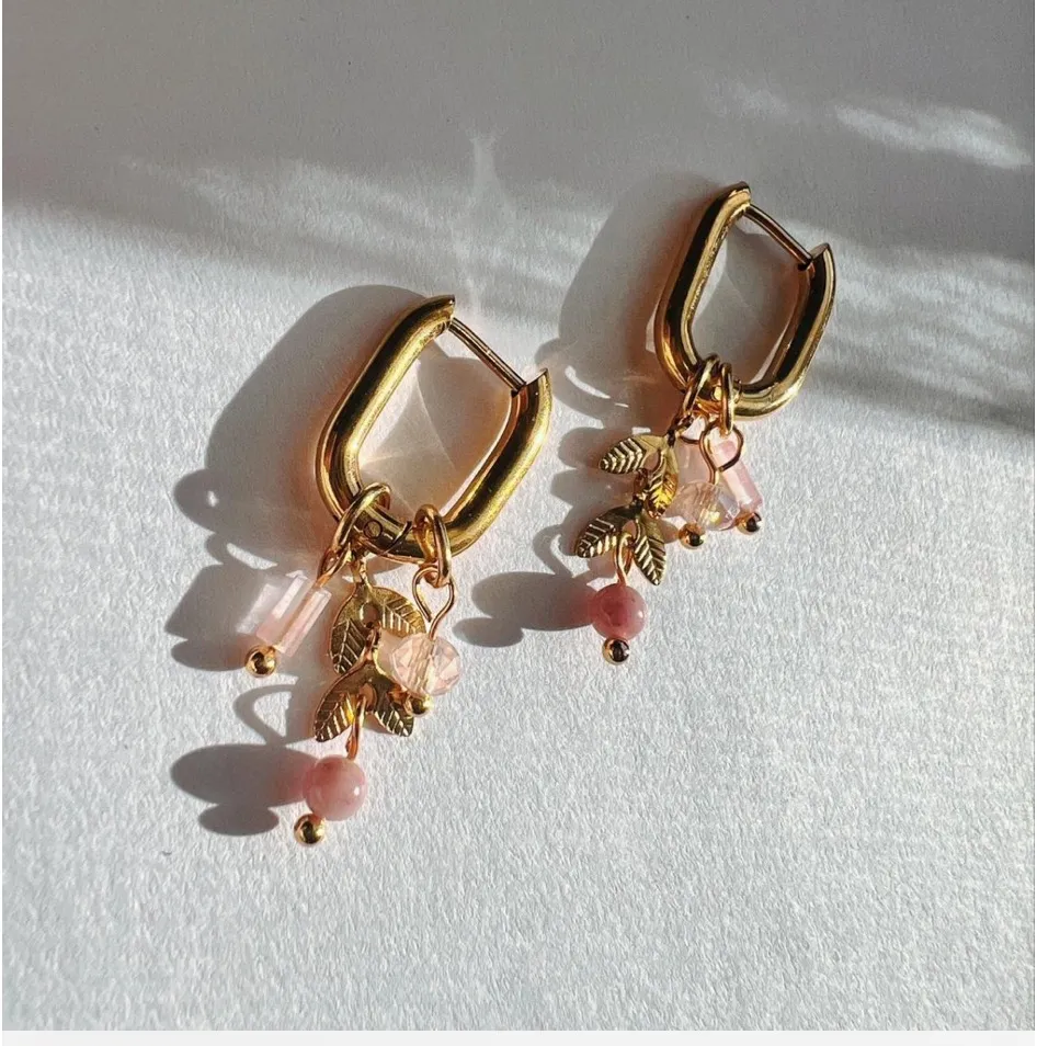 Gold dainty earring with pink charms leaves removable multiway to wear them - Image 2