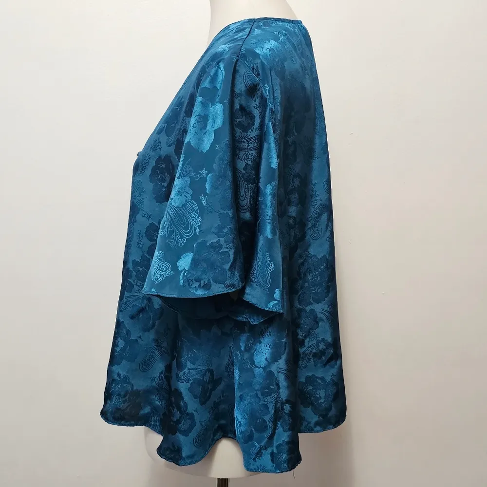 Vintage Sopre Lingerie Teal Floral Jacquard Satin Blouse Size Large - Image 2