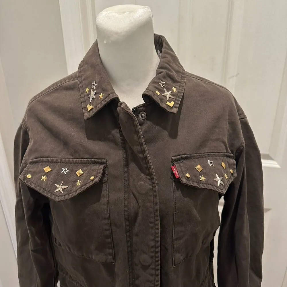Levi's Women's XS Green Military Jacket Embroidered Gold Stud Accents Cotton - Image 5