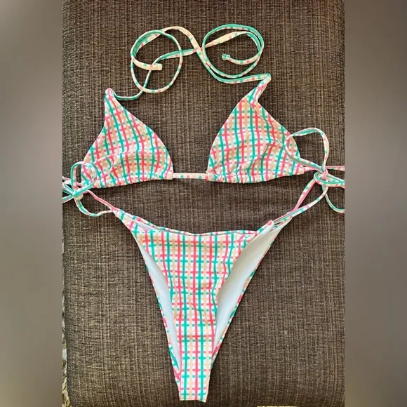 Plaid Multicolor Bikini Set Pink - Image 1