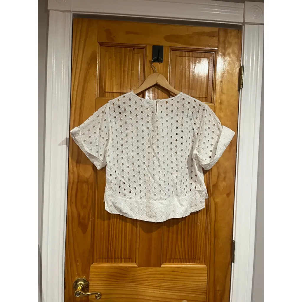 Women’s Jeune Otte White Eyelet Boho Short Sleeve Cotton Blouse Size Small - Image 7