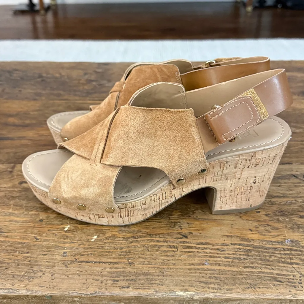 Franco Sarto Tan Suede Open Toe Cork 3" Platform Sandals Size 9.5 - Image 2
