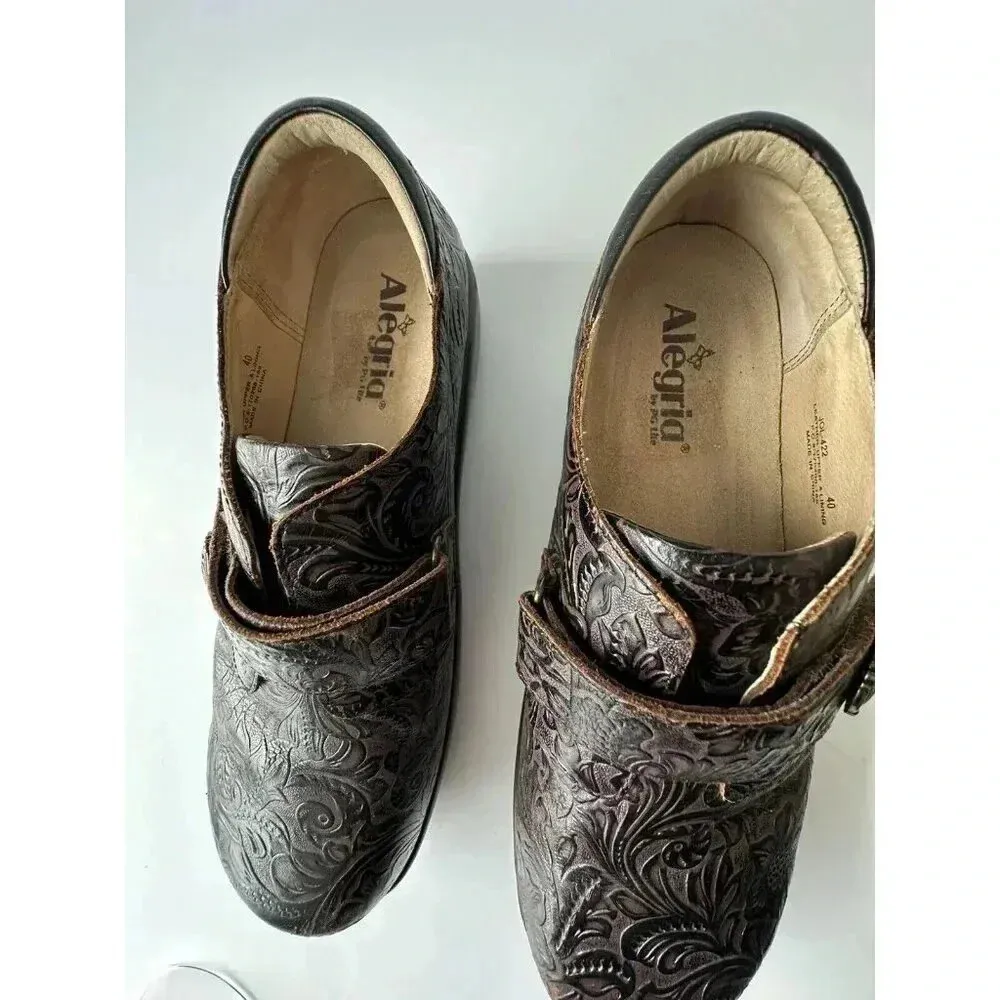 Alegria Mules Clogs Joleen Women 9.5 Tooled Leather Slipon Oxford Molasses Brown - Image 8