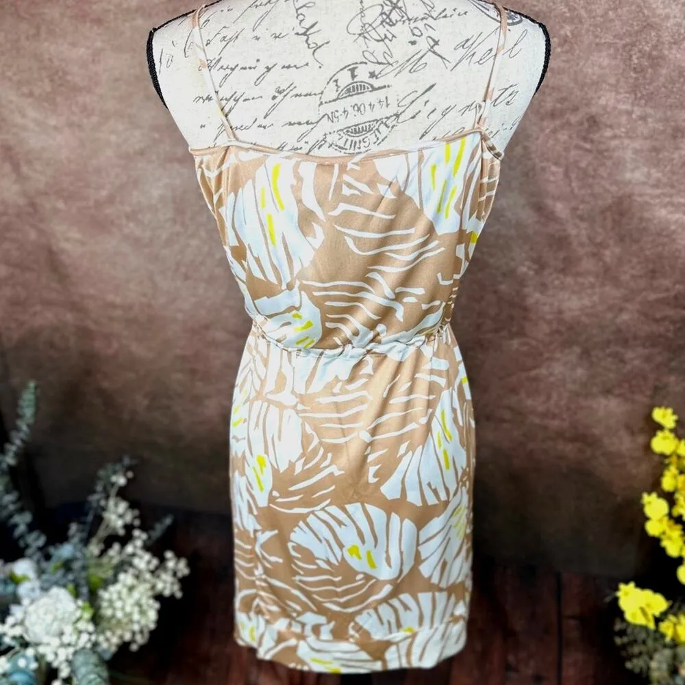 Socapri Palm Leaf 100% Silk Dress Tan/White/Yellow 10 Tan - Image 8
