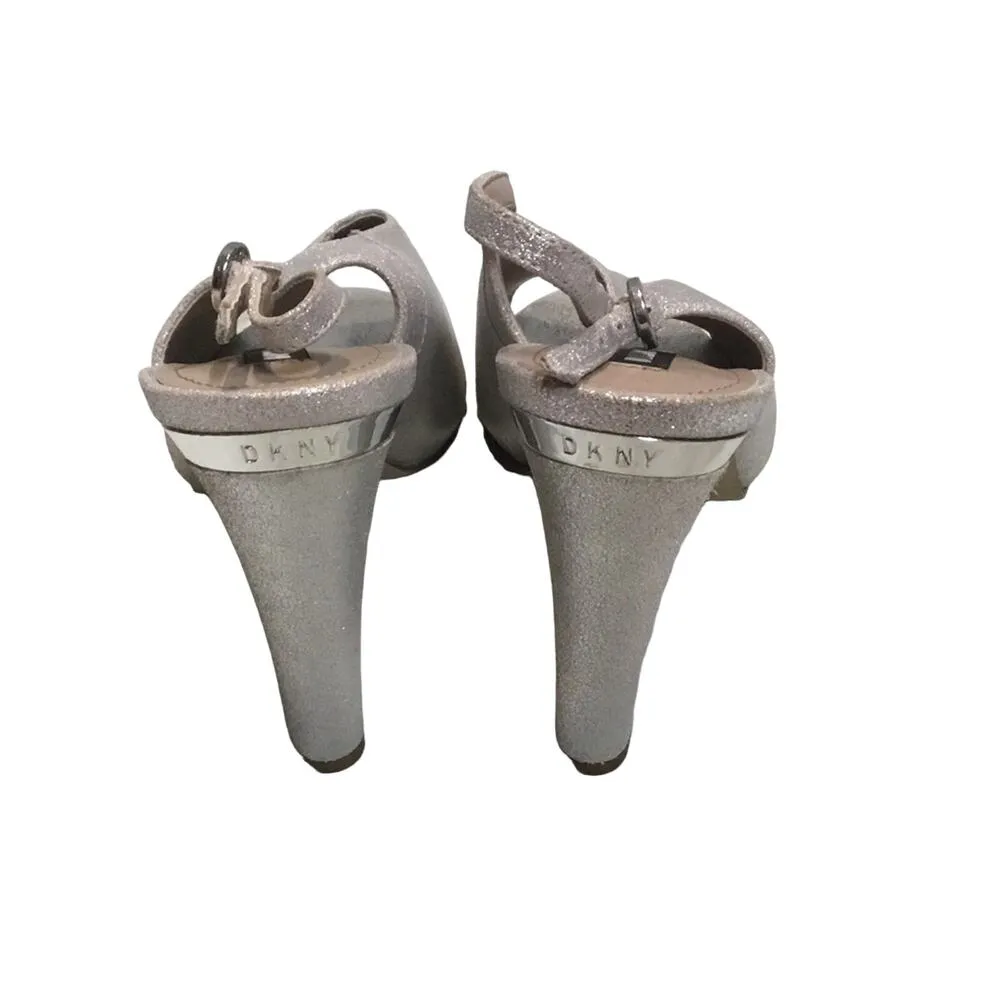 DKNY Glitz MET Suede Leather Silver Peep Toe Cocktail Party Sandal Heels - Image 8