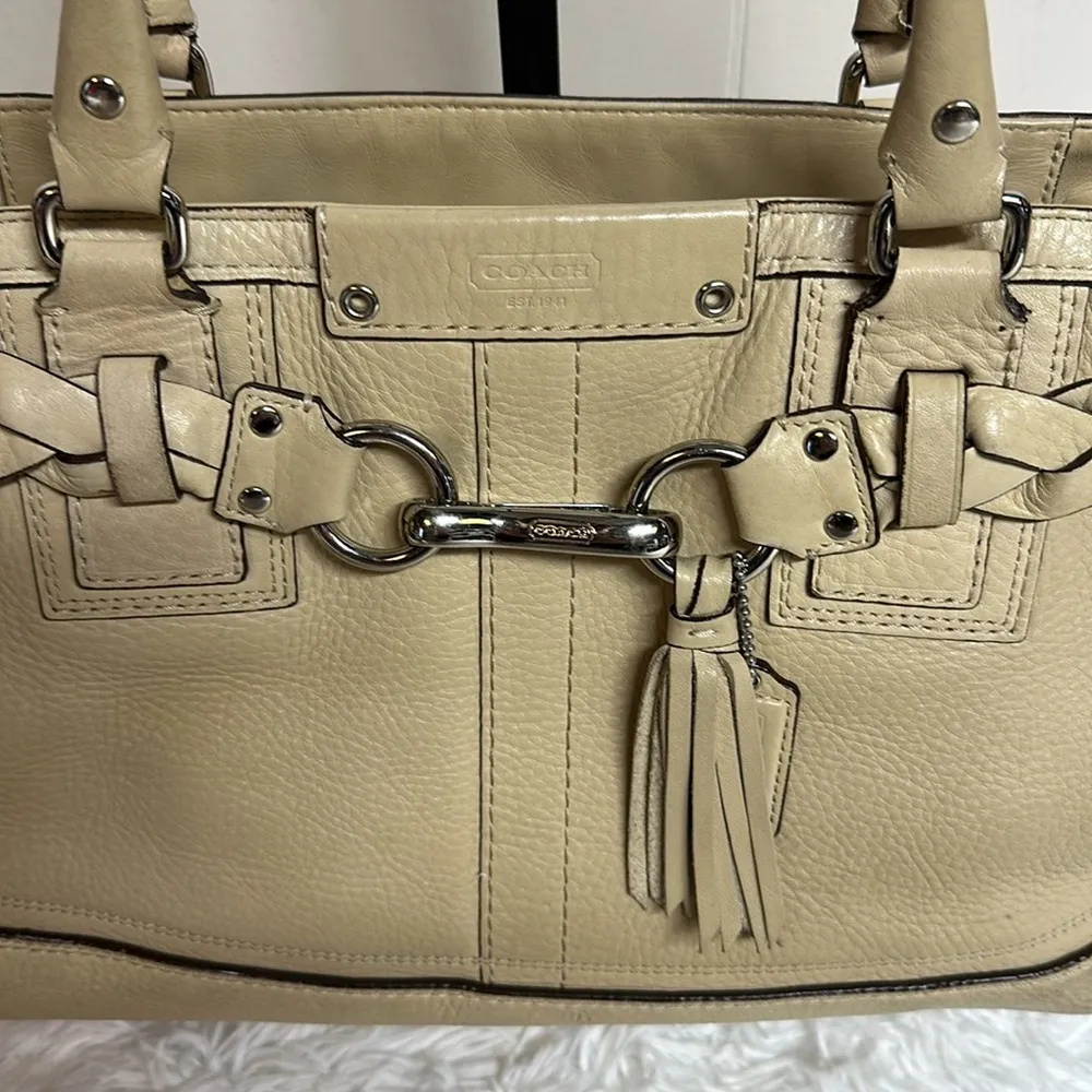 Hampton F13087 Tan Pebbled Leather Satchel Handbag Purse Bag Braided Tasse - Image 2