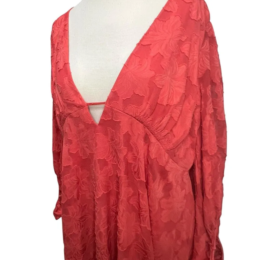 Anthropologie Plunge Mini Dress 16W Pink Jacquard Floral Flirty Boho Feminine - Image 3