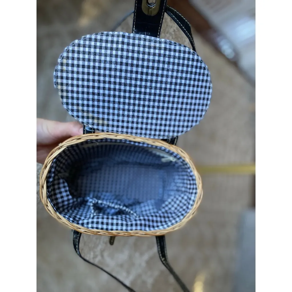 Vintage Wicker Basket Purse with Black Faux Croc Leather Trim & Gingham Lining Brown - Image 8