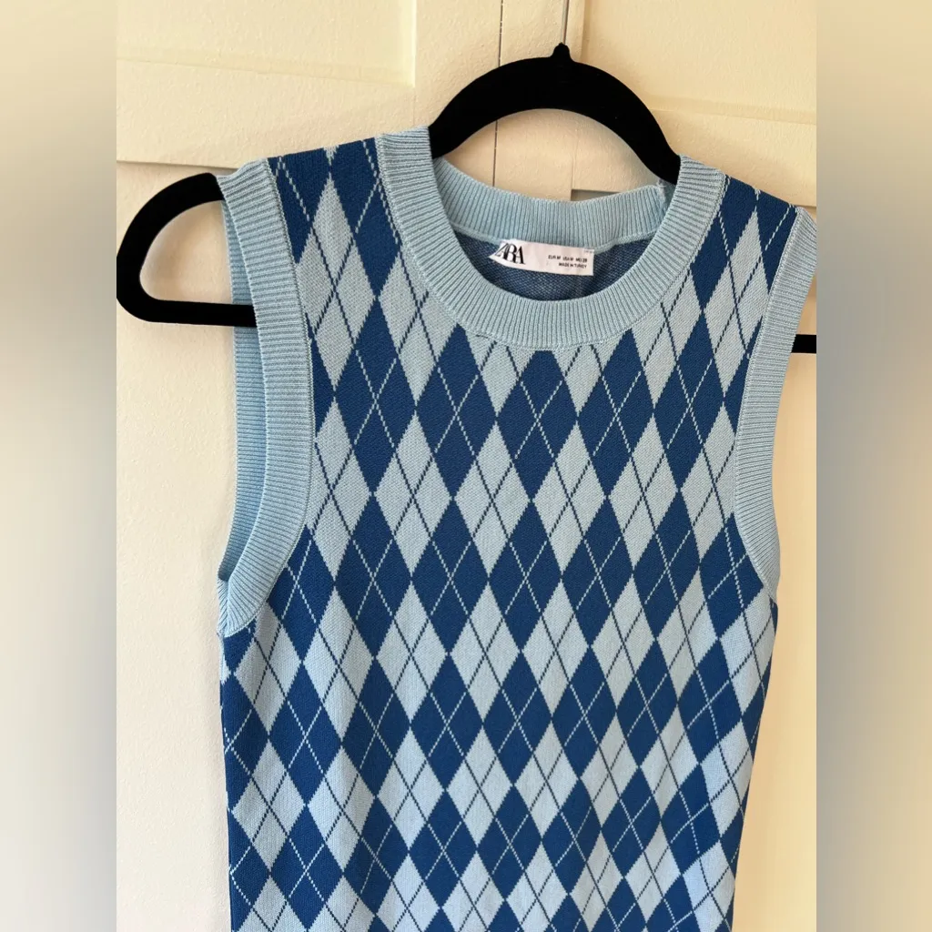 Zara Women’s NWOT Blue Argyle Sweater‎ Knit Mini Dress Size Medium - Image 12