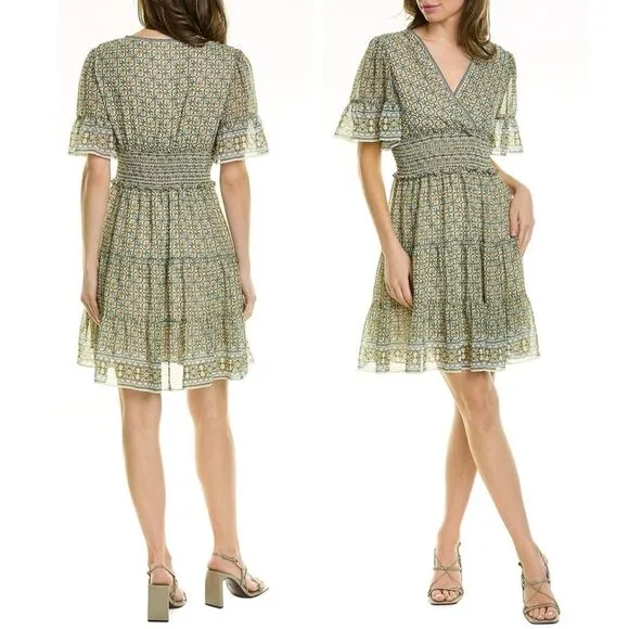 NWT Max Studio Tiered A-Line Flutter Sleeve Dress Cream Green Floral Size Medium - Image 3