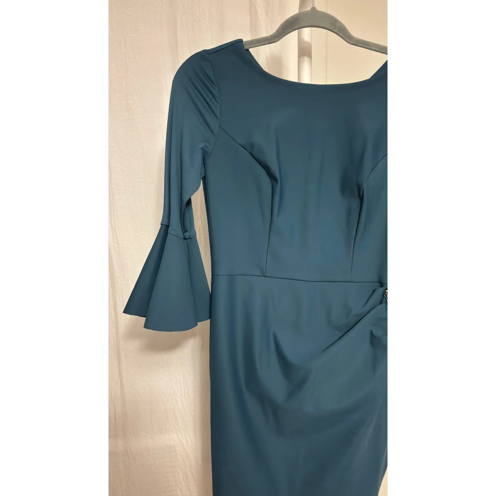 $239 NWT Alex Evenings Deep Teal Ruffle Embellished Bell Sleeve Sheath Dress - Image 5
