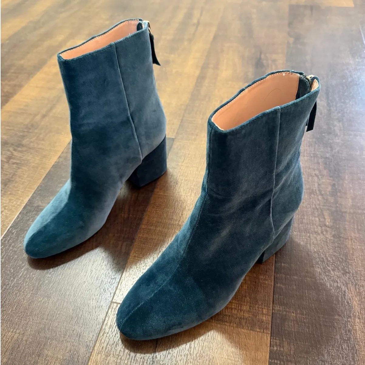 J.Crew Teal Velvet Ankle Boots Block Heel Zip Back Size 7.5 - Image 7