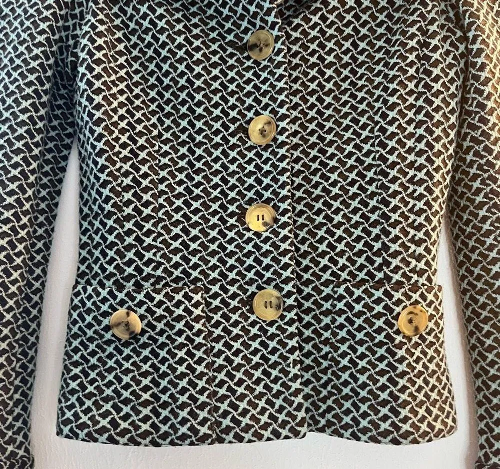 Diane von Furstenberg Jacket Teal & Grey Patterned Belted Blazer Sz 2 GUC - Image 7