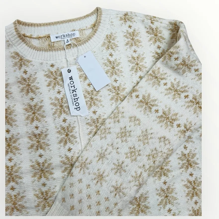 NWT Workshop Republic Clothing Womens Sweater Size M Fair Isle Cream Gold Cozy - Image 2