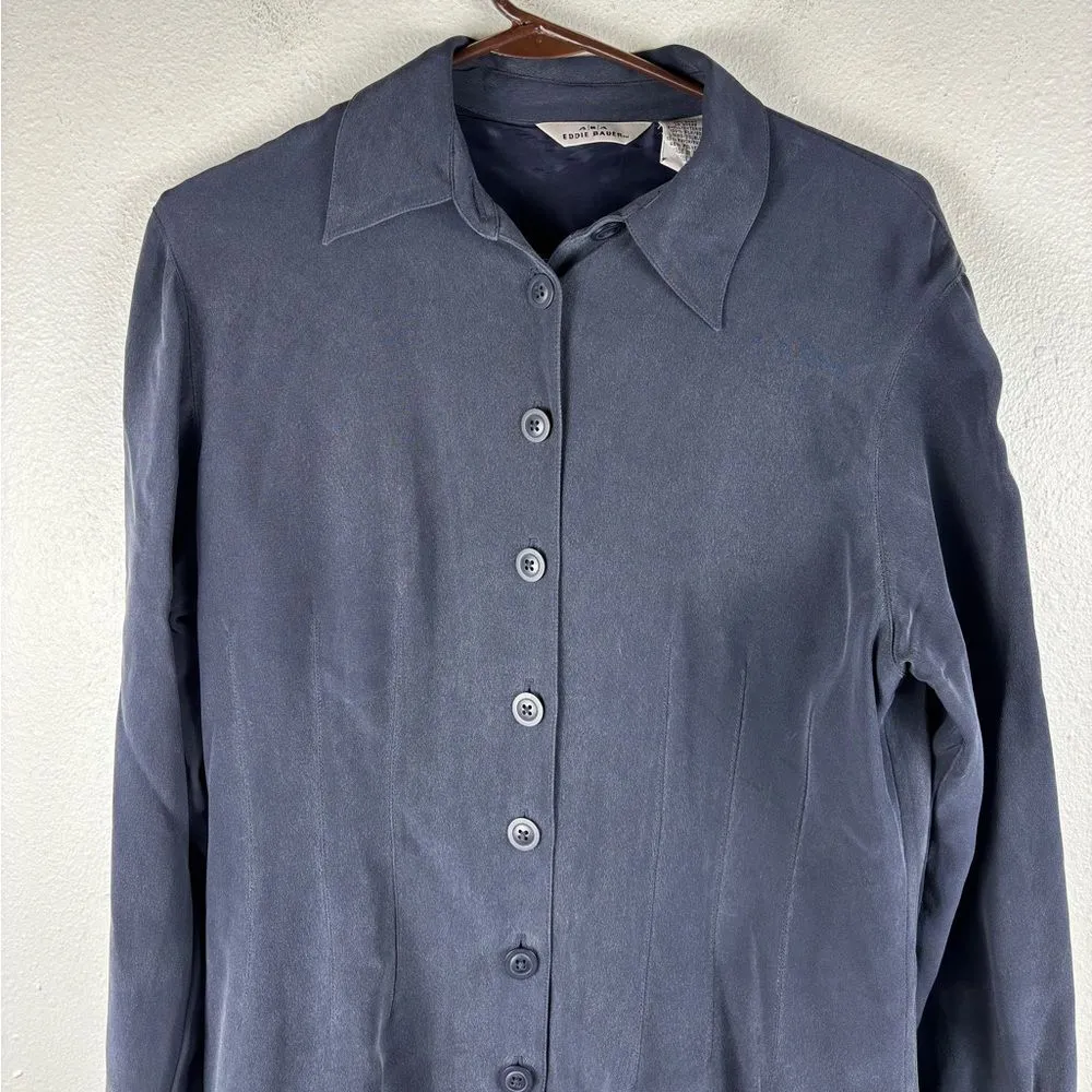 Vintage AKA Eddie Bauer 100% Silk 8 Navy Blue Long Sleeved Button Up Shirt Dress - Image 3