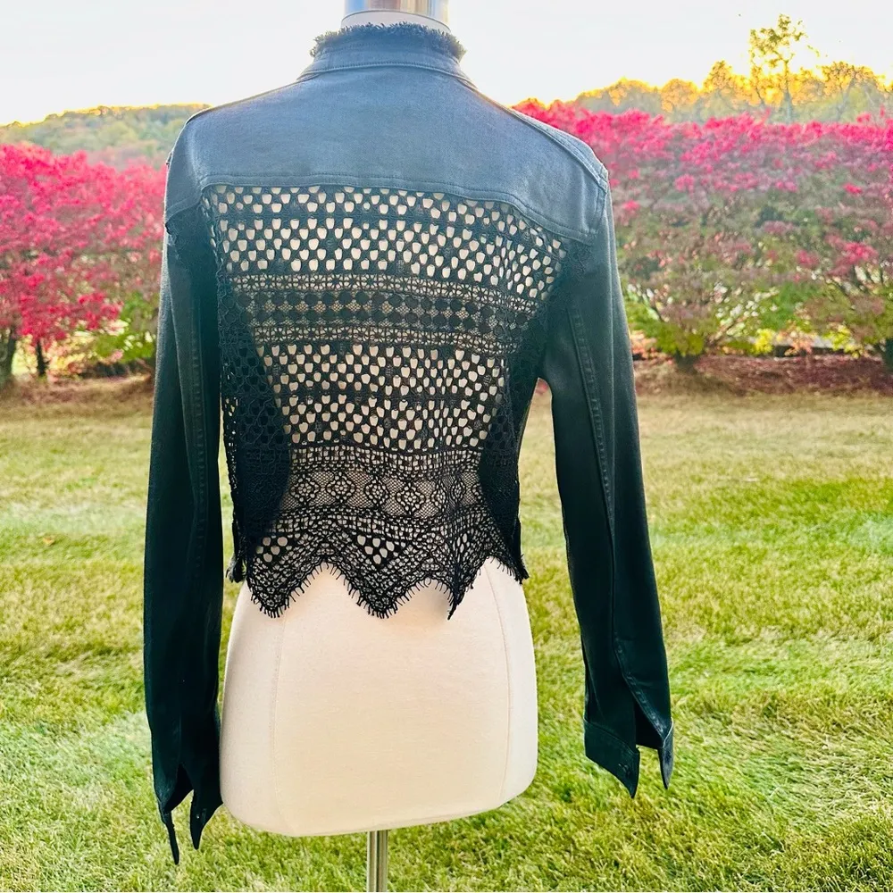 🌹HP🌹 ELIE TAHARI Black Waxed Denim Jacket with Lace Back - Image 6