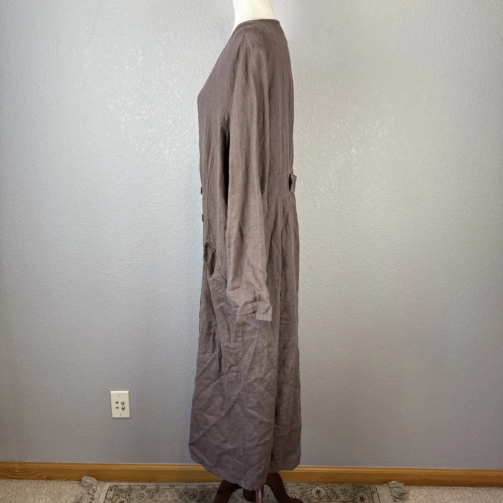 Flax Womens Maxi Duster Shirt Dress Jacket Size M Taupe Brown Linen Lagenlook - Image 4