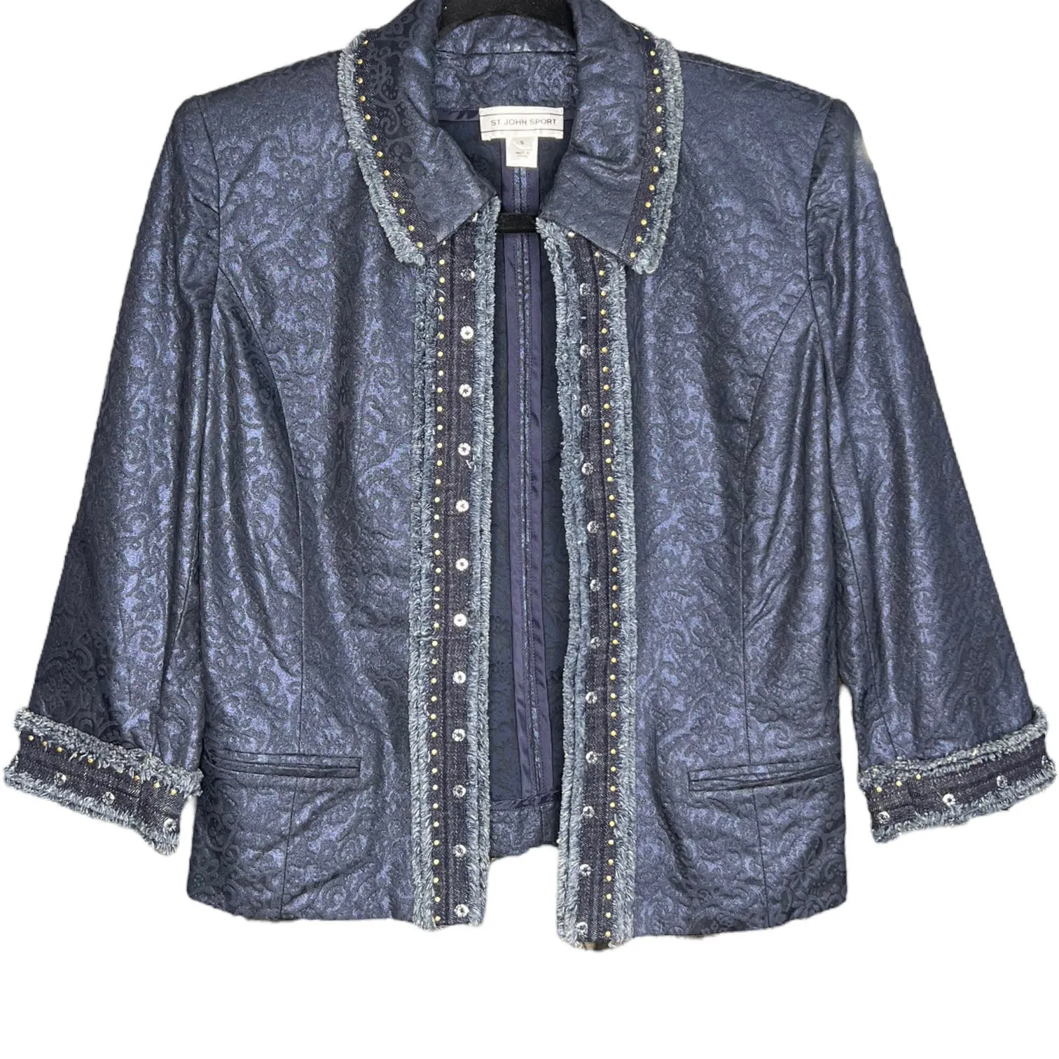 St. John Sport Blue Jacquard Jacket Blazer Denim Trim Studs Medium - Image 3