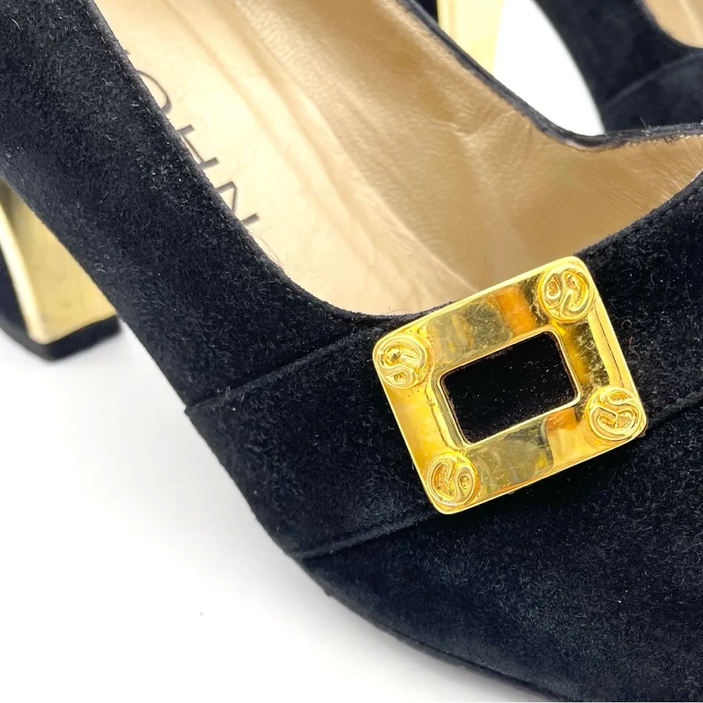 St. John Black Suede Gold Buckle Heels Made in Italy Pumps Size 7 Vintage 80s - Image 5
