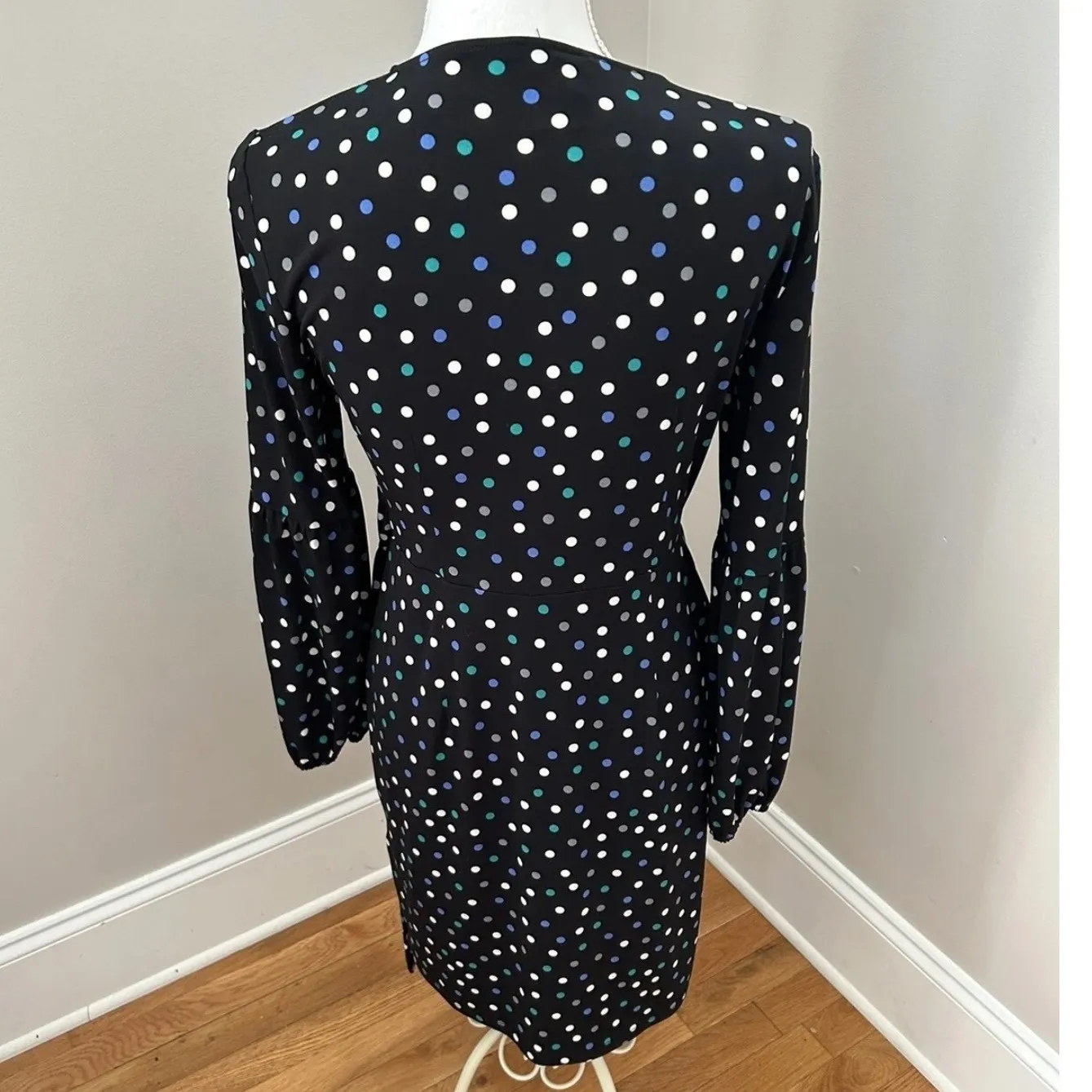 London Times Dress Black Polka Dot Wrap Long Sleeve V Neck Tie Waist Midi Sz 12 - Image 2